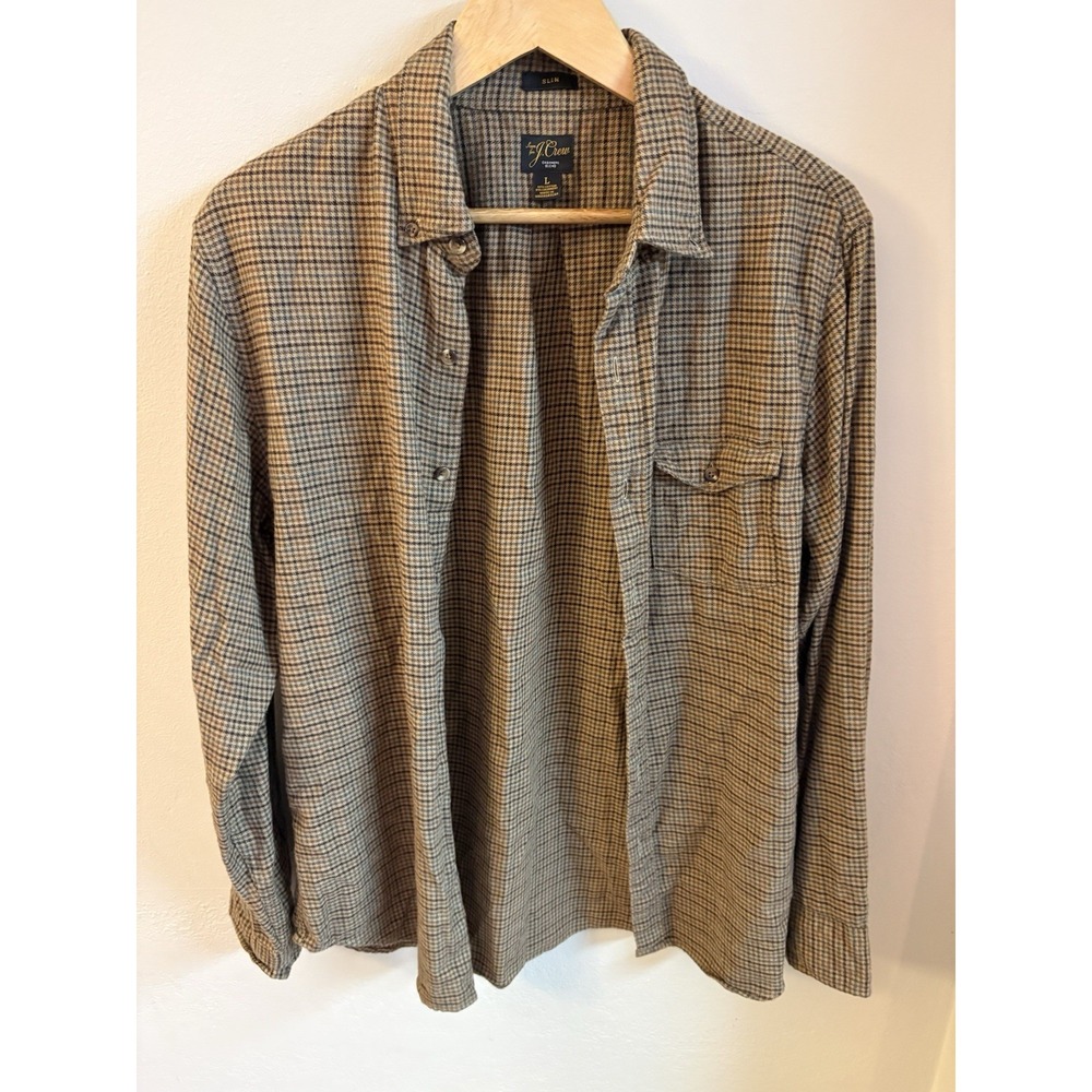J.Crew Mens Large Brown Check Flannel Cashmere Blend Slim Button Front Shirt